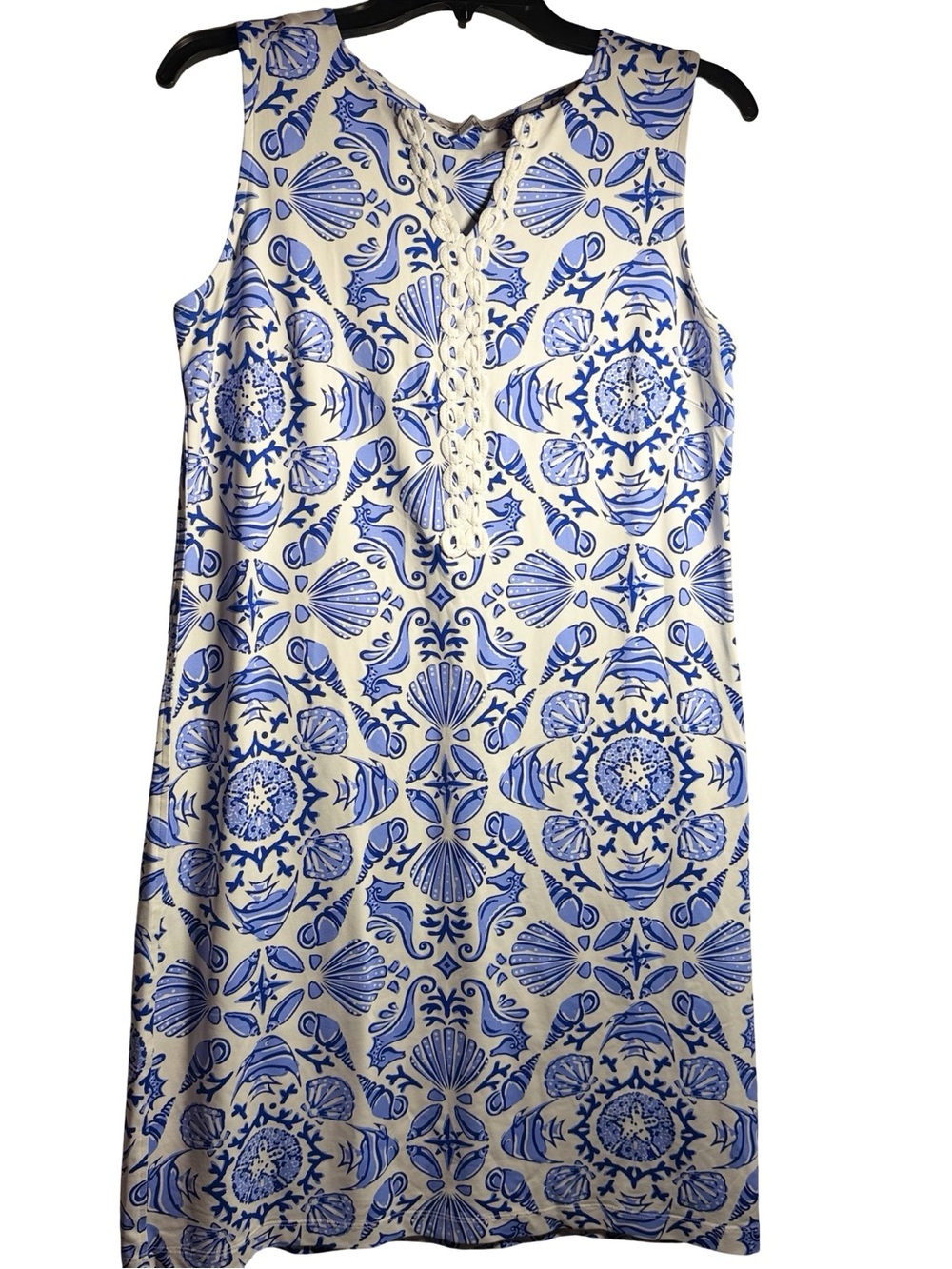 Sleeveless Blue & White Printed Shift Dress - Picture 4 of 7